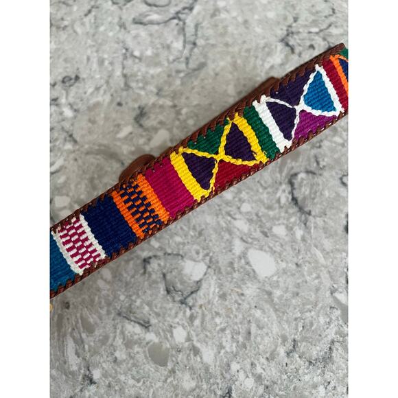 Vintage Boho Artsy Embroidered Genuine Leather Belt Multicolored Size 30 JL - Picture 3 of 8